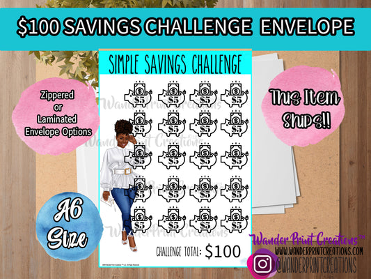$100 DOLLAR Savings Challenge Envelope A6 sized Envelope