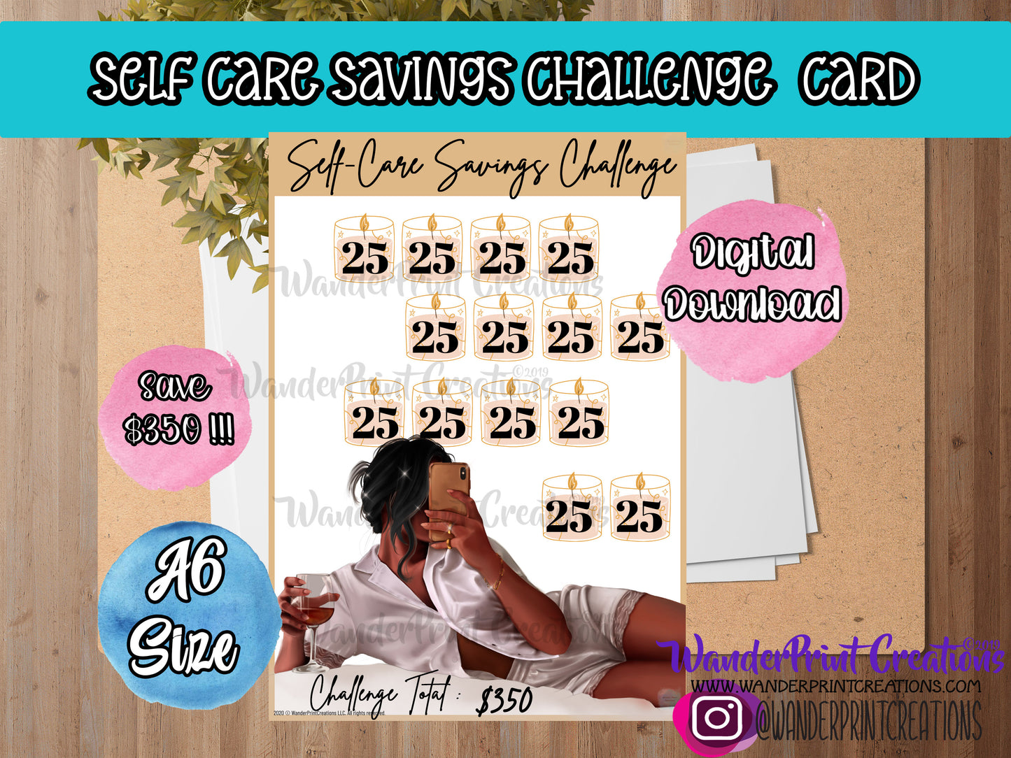 $350 SELF CARE Savings Challenge Card A6 Size EBONY : Printable