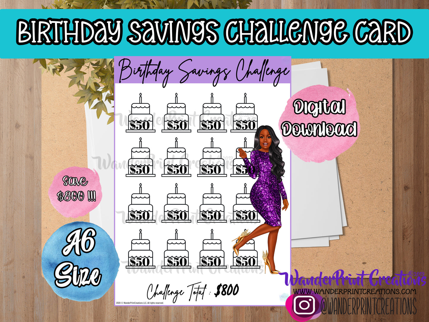 $800 BIRTHDAY Savings Challenge Card A6 Size EBONY : Printable