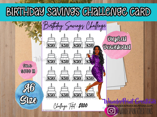 $800 BIRTHDAY Savings Challenge Card A6 Size EBONY  : Printable