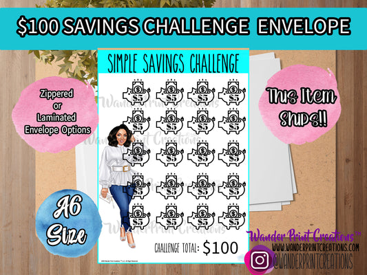 $100 DOLLAR Savings Challenge Envelope A6 sized Envelope