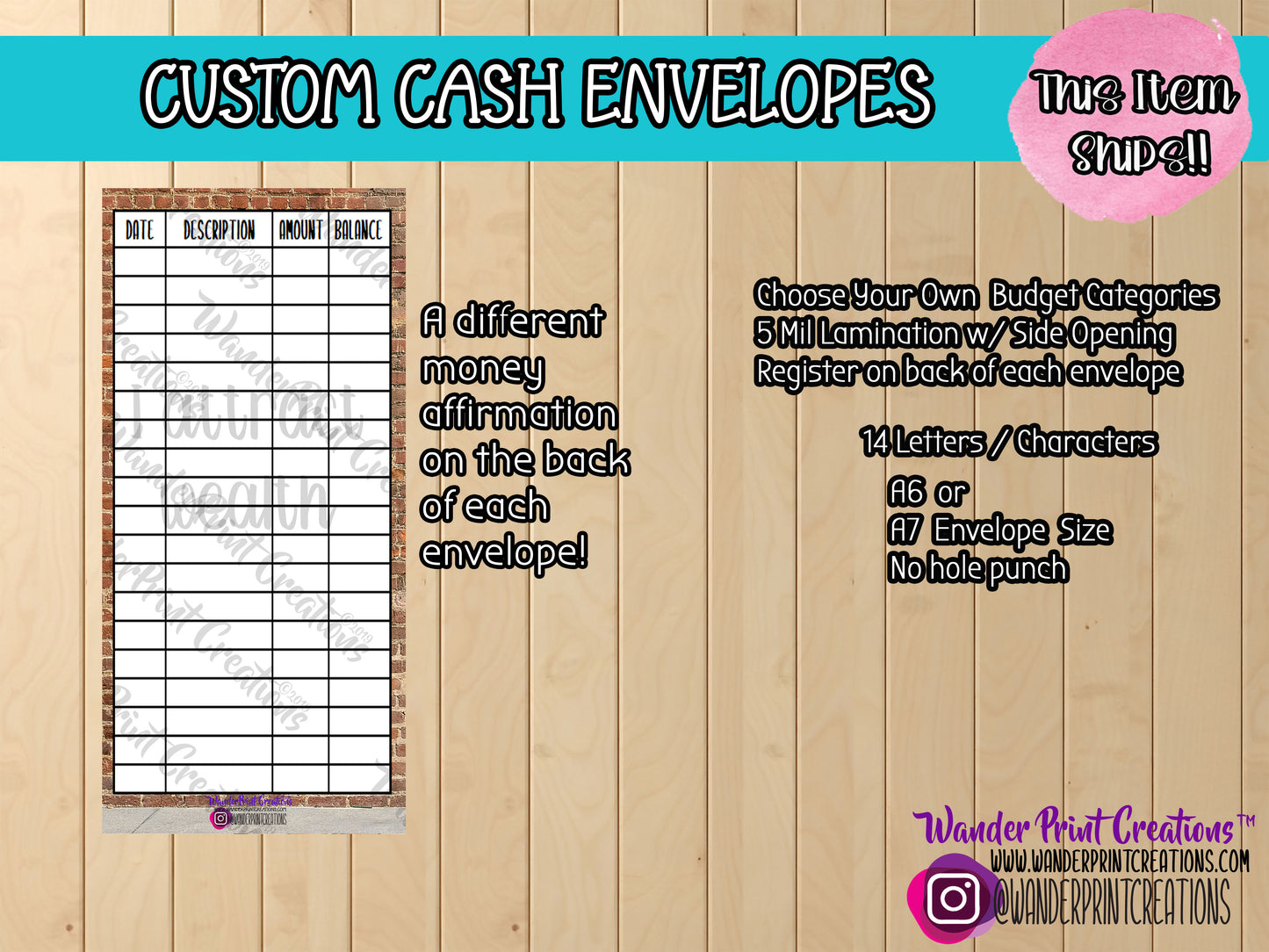 DEMI Custom Cash Envelopes  with Money Affirmations