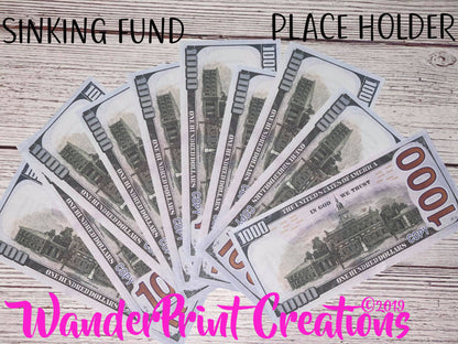 SINKING FUND PLACEHOLDER  1000 ( 1k) Money Slips Set of 20