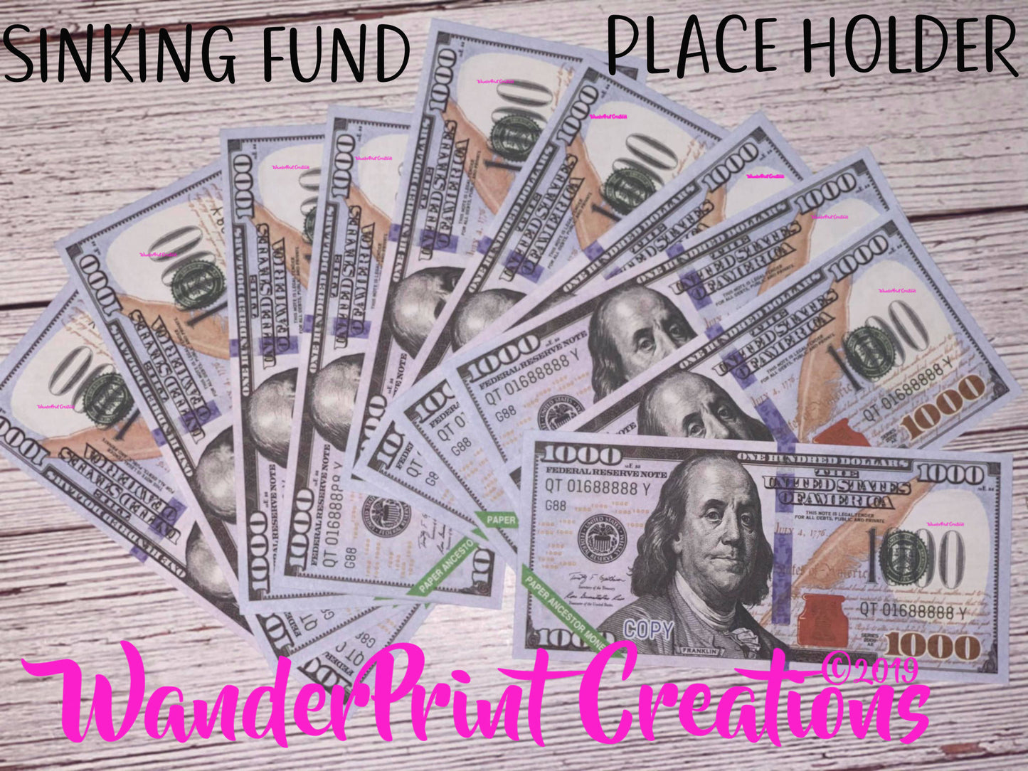 SINKING FUND PLACEHOLDER  1000 ( 1k) Money Slips Set of 20